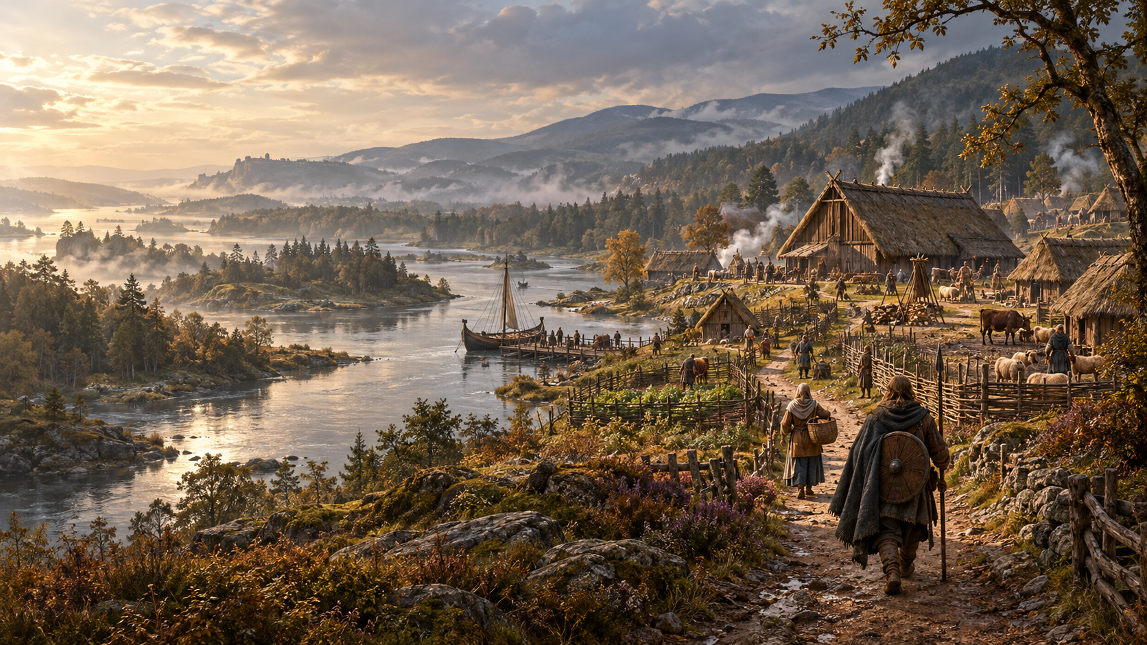 Original imagined riverside settlement with forests, travelers, fields and timber houses